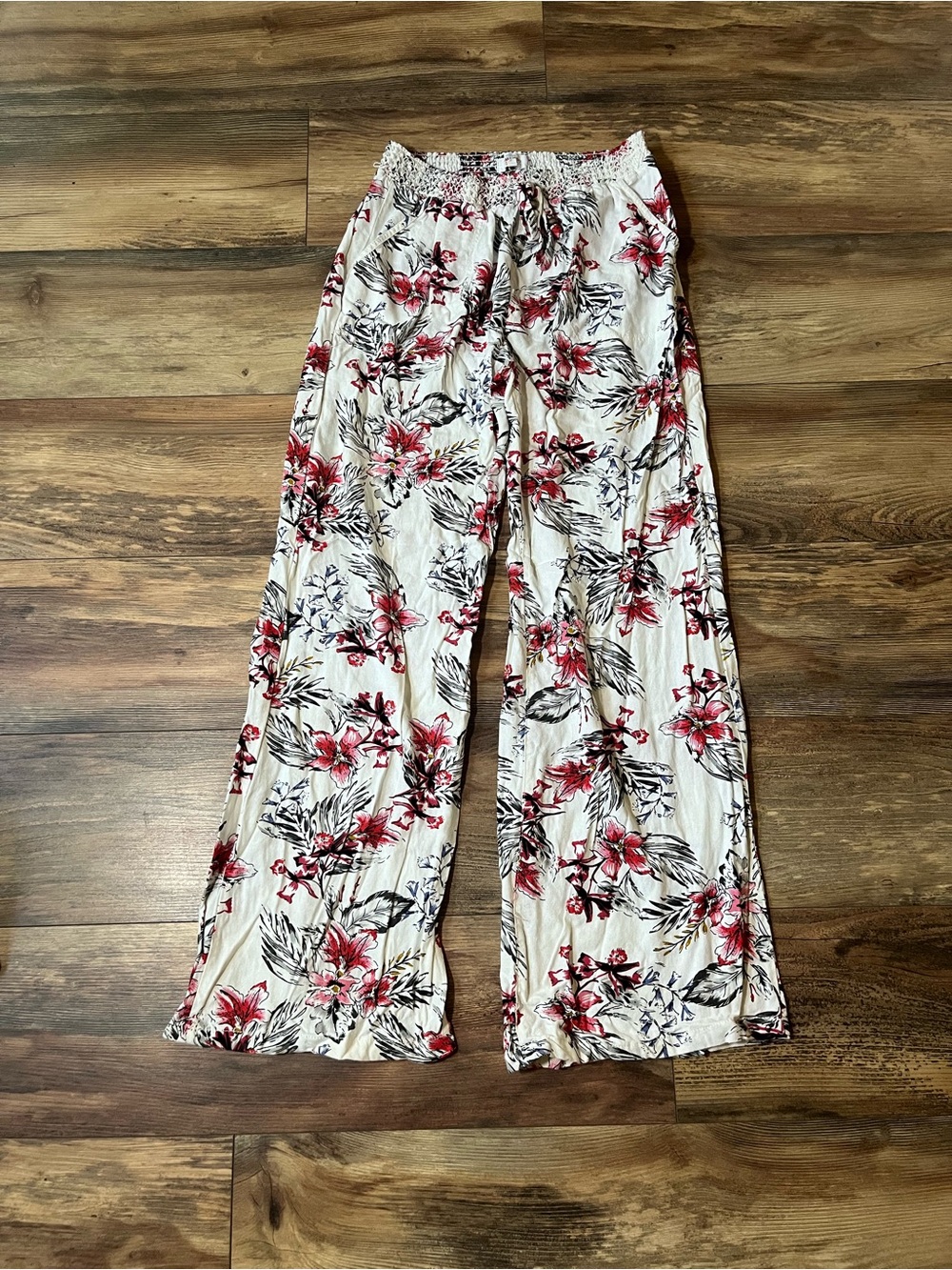 Cali 1850 Linen Blend Floral Wide Leg Pants Womens Large Boho White Red Vacation
